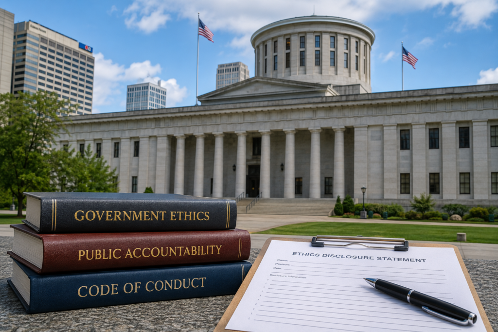 Ohio government building with documents representing ethics and public accountability